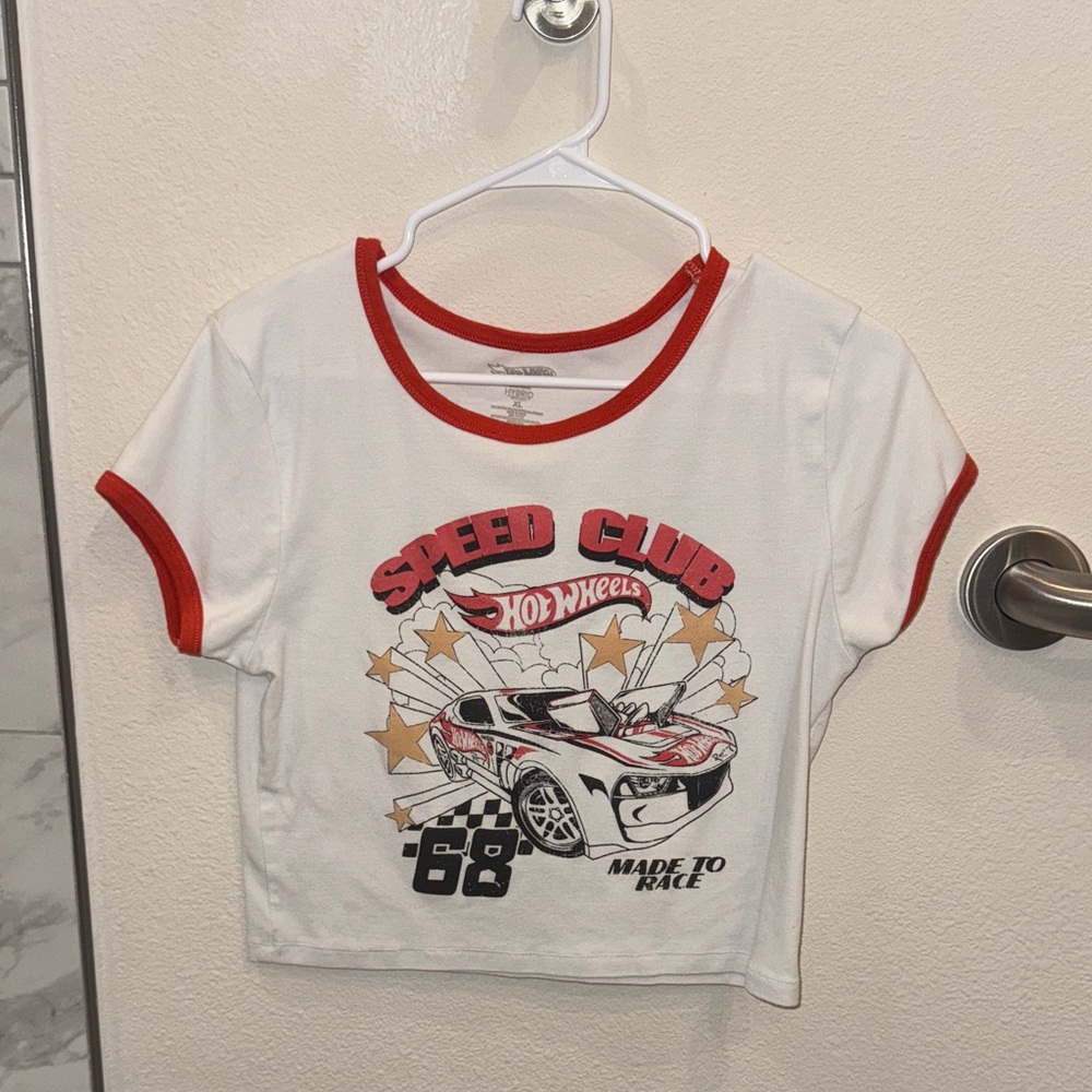 Women's White and Red Hot Wheels Crop Top